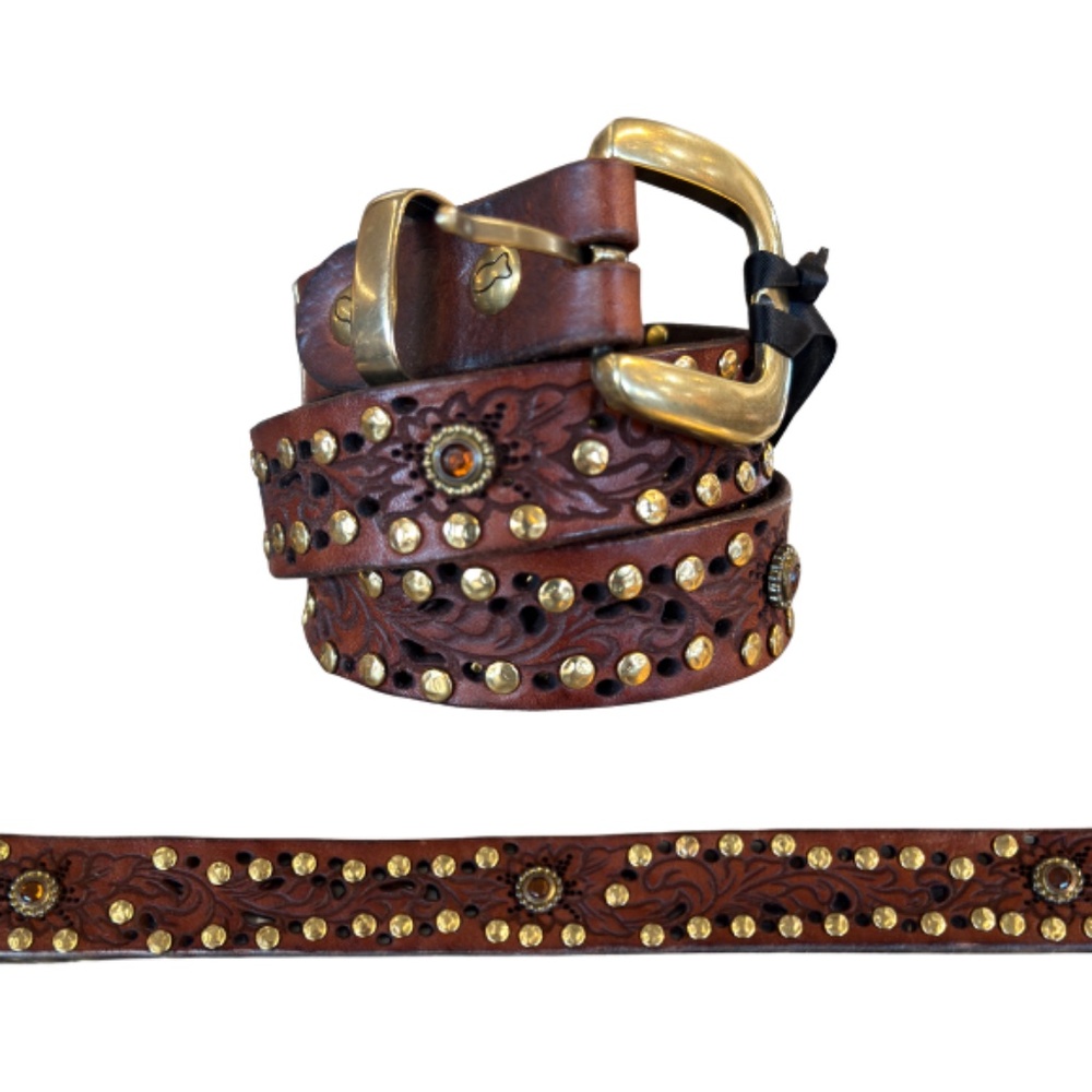 Campomaggi Leather Laser Cut Studded Belt in Cognac - Picture 2 of 2
